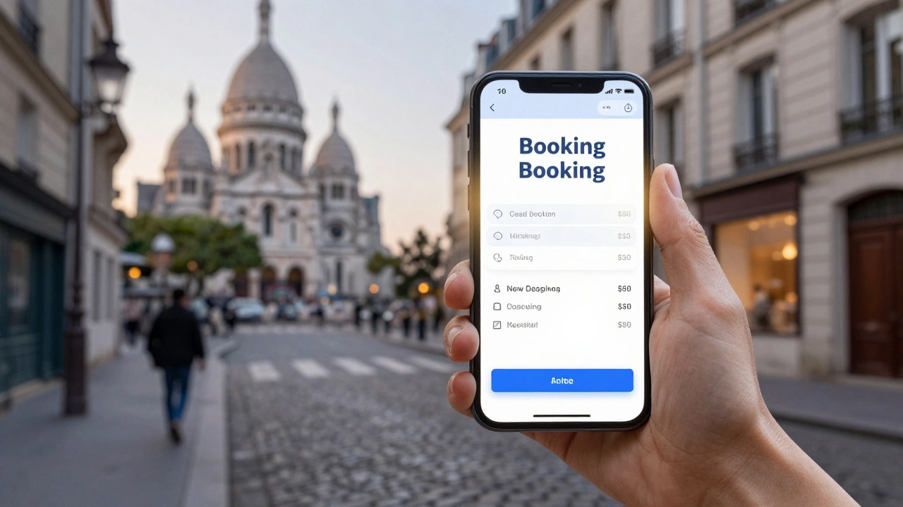 Téléphone affichant une confirmation de réservation de massage, avec fond urbain de Paris 18.