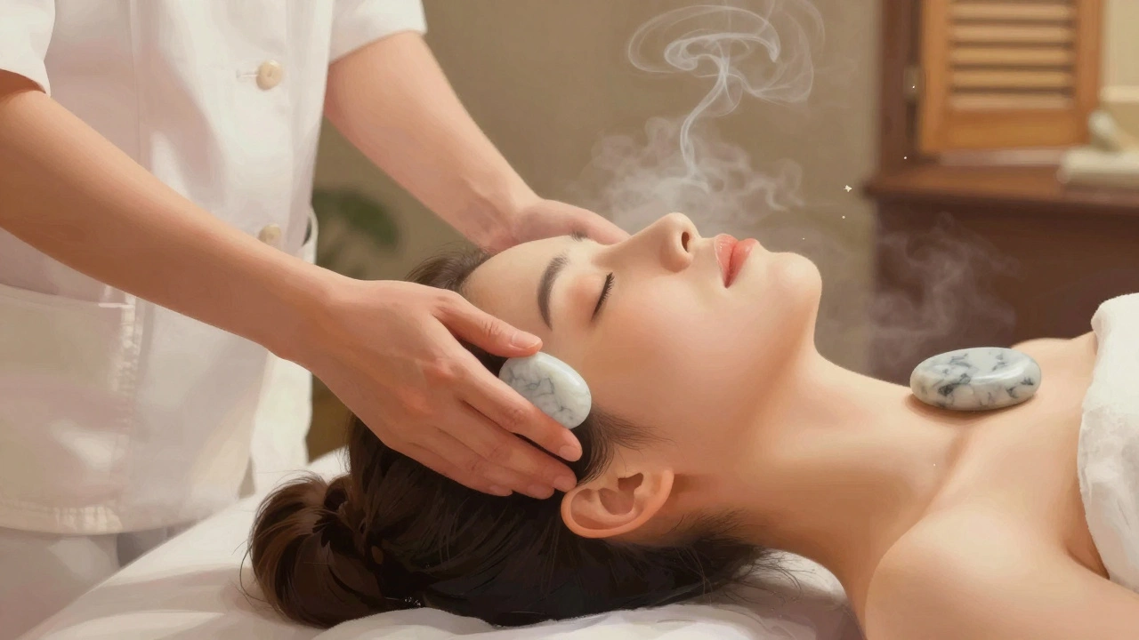 Thérapeute appliquant des pierres de marbre froides sur les tempes d'une personne en détente, ambiance calme et lumineuse.