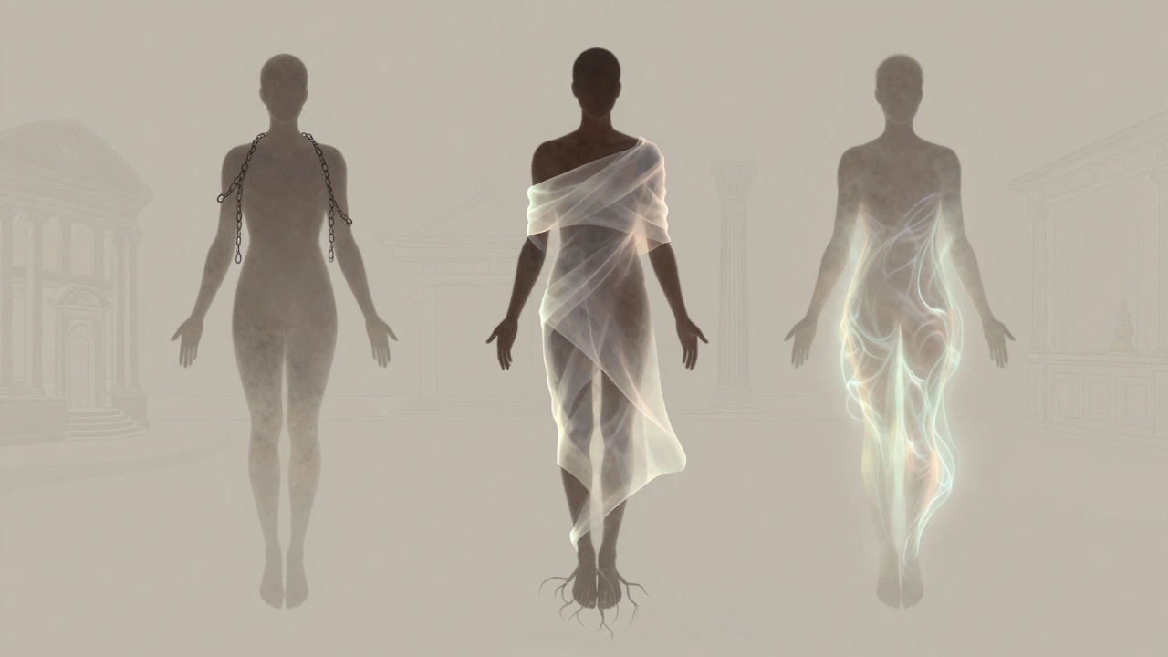Trois silhouettes abstraites évoluant dans un espace neutre, symbolisant la libération émotionnelle et la guérison par le toucher.
