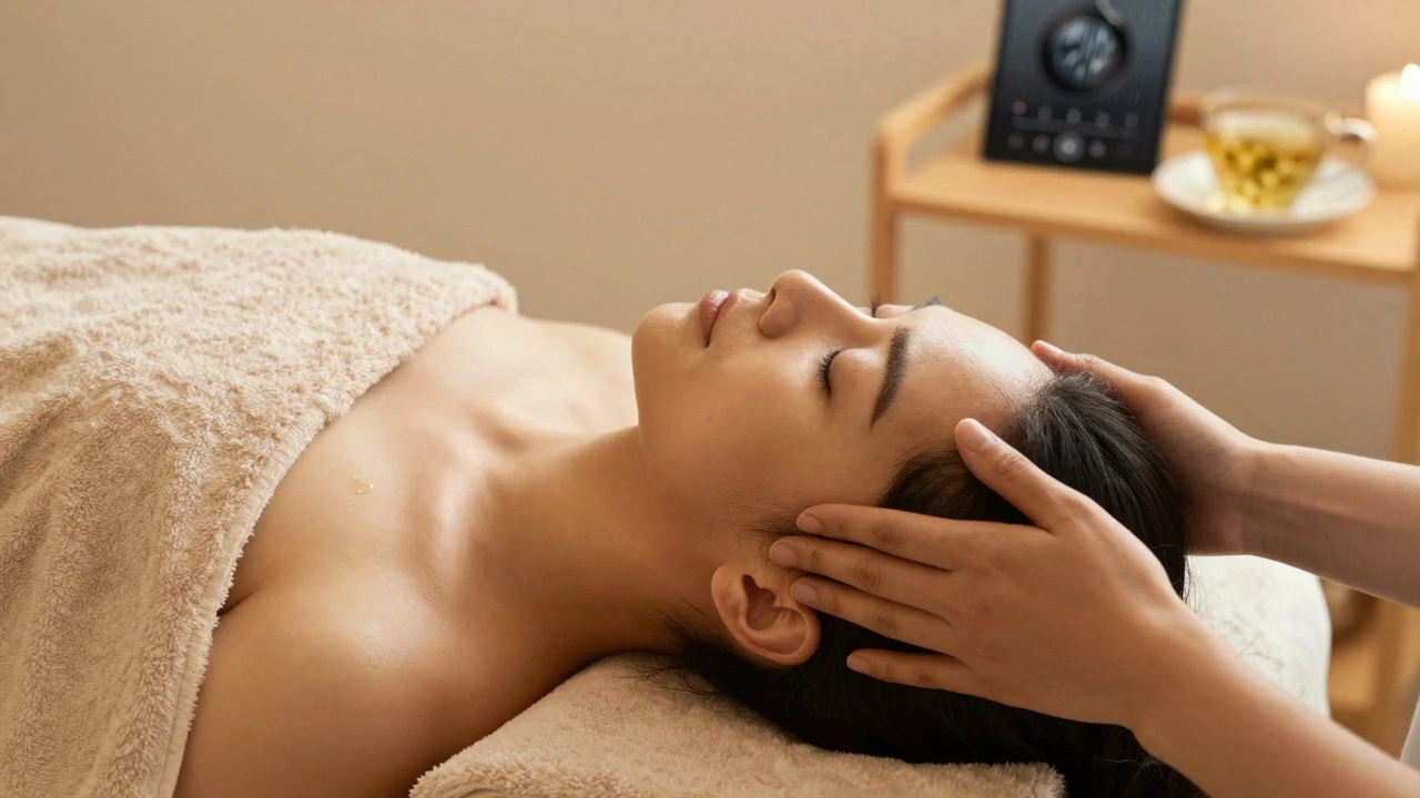 Un masseur applique une pression douce sur le cuir chevelu d'une personne détendue, dans une pièce apaisante.