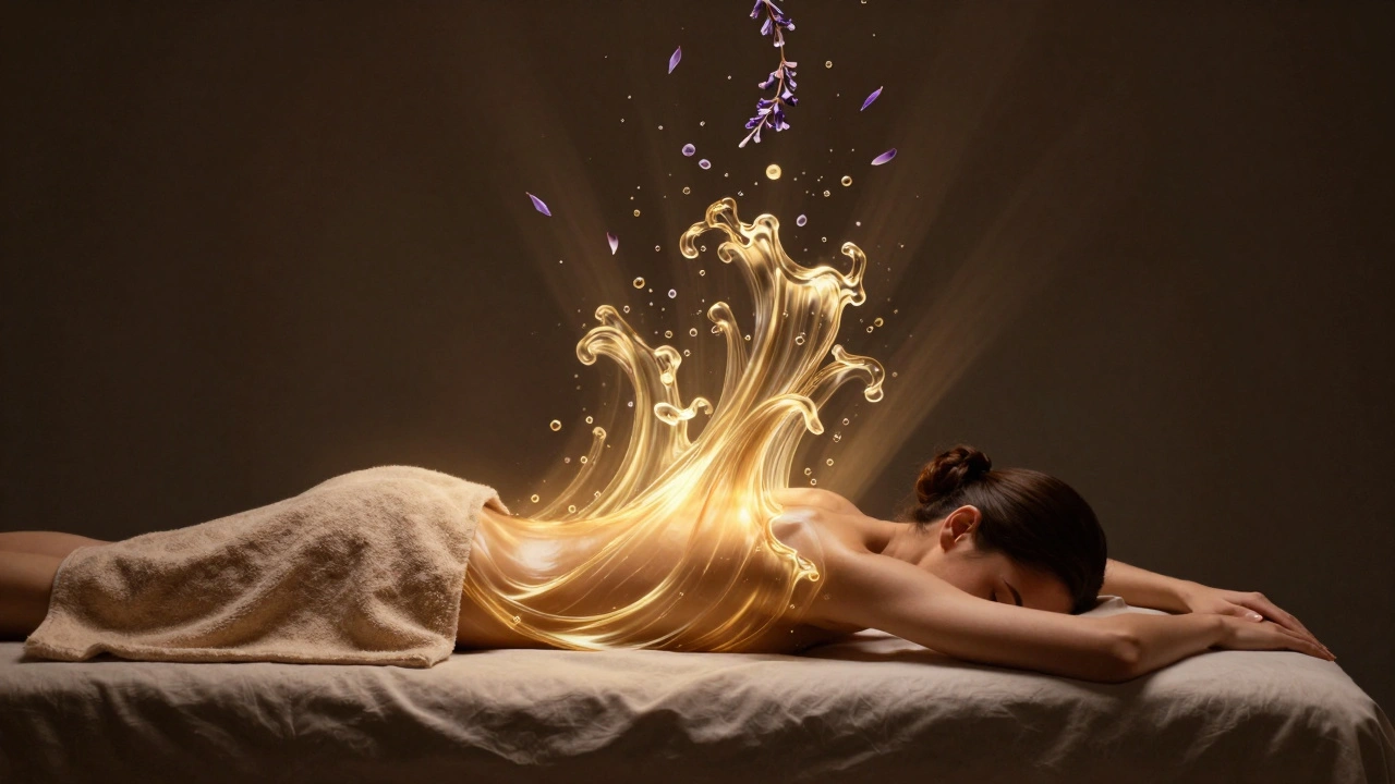 Une femme se levant après un massage, entourée de vagues dorées et de pétales de lavande, symbole de détente et de reconnexion corporelle.