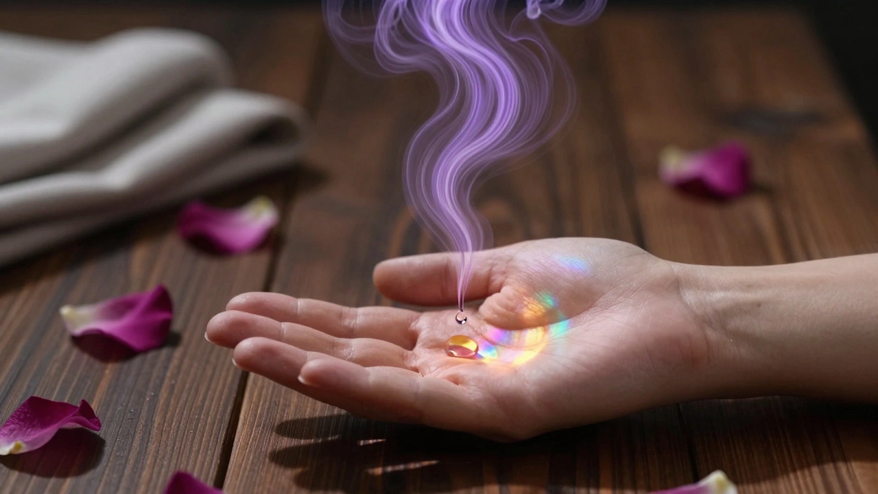 Une goutte d'huile essentielle en chute libre, transformée en nuages colorés abstraits au-dessus d'une main.