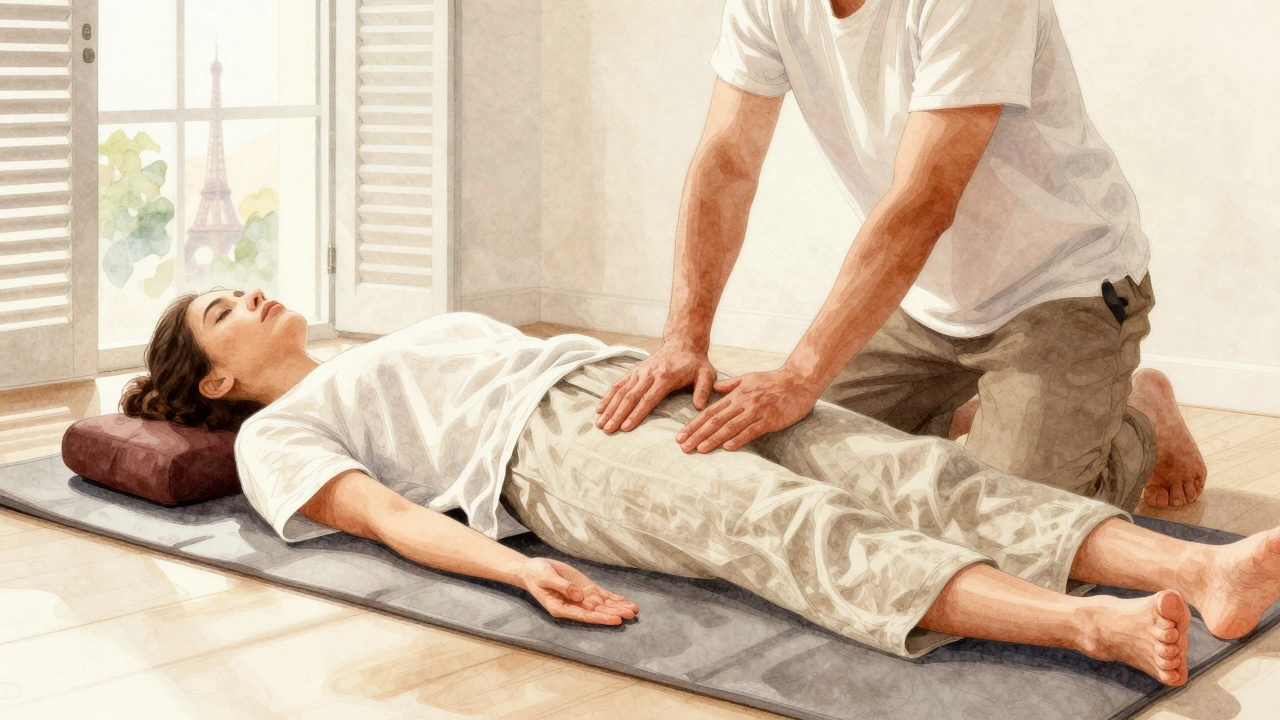 Une masseuse en action lors d'un massage thaï, allongée sur un tapis avec le client habillé, la lumière du jour filtrant à travers les volets parisiens.