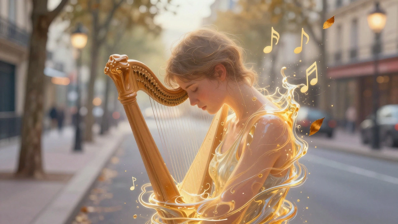 Une silhouette qui se dissout en vagues d'huile et de lumière, symbole de libération du stress, entourée de feuilles et de notes musicales.