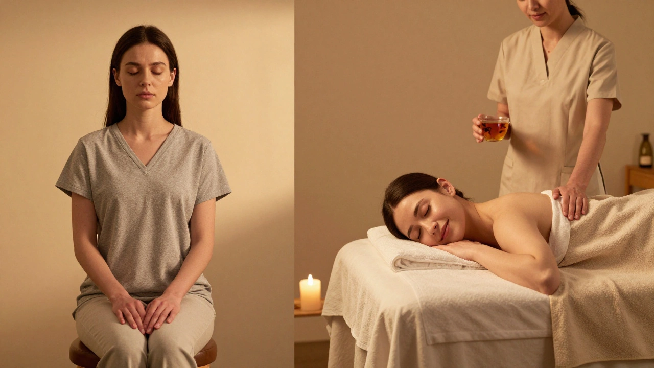 Avant et après un massage : une femme épuisée puis apaisée, dans un espace paisible à Paris.