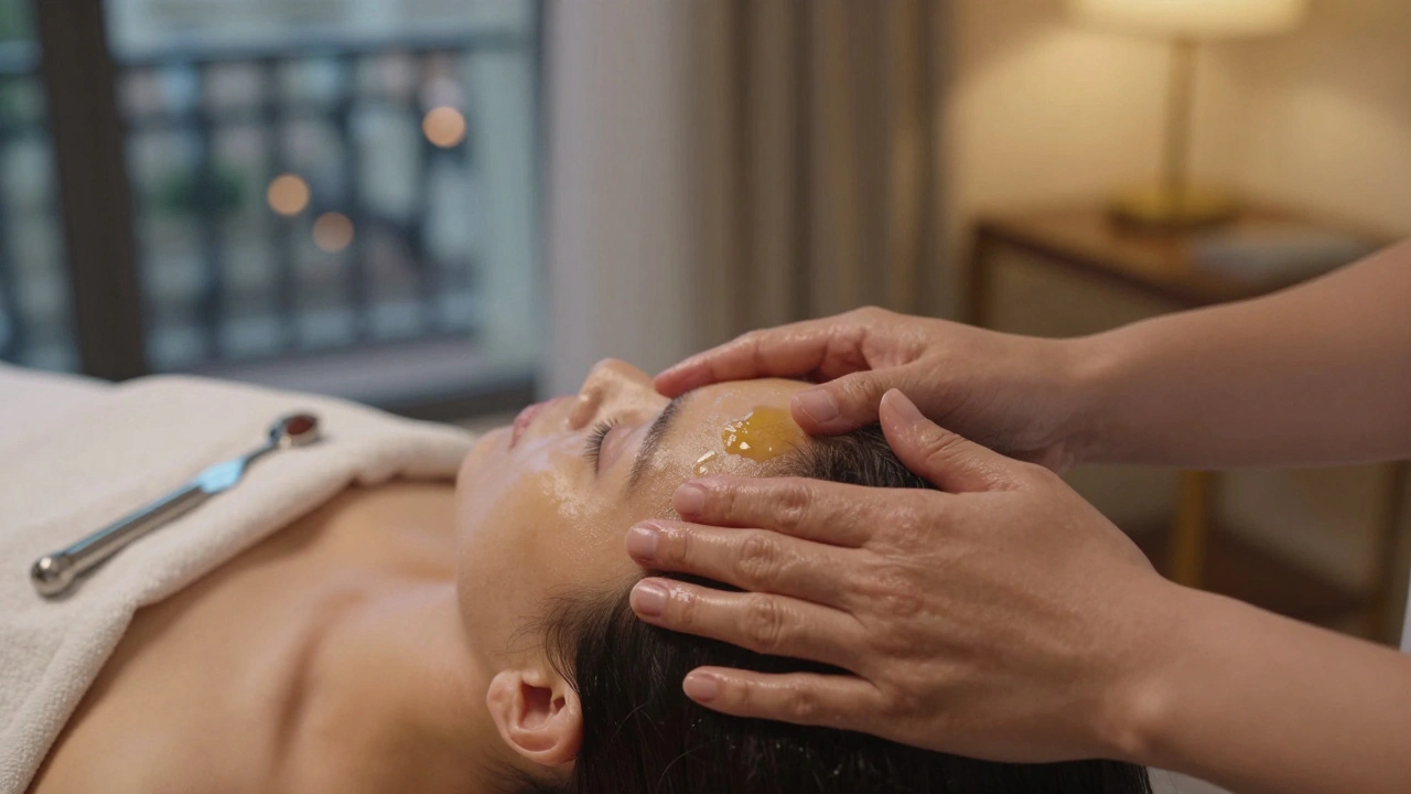 Des mains de masseur professionnel effectuant un massage crânien avec huile chaude, dans une ambiance calme et intime.