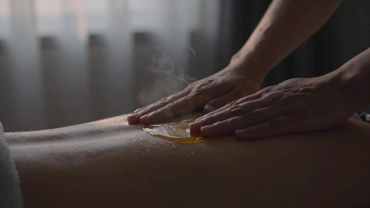 Des mains massant doucement une épaule avec de l'huile chaude, dans une lumière tamisée et une atmosphère calme.