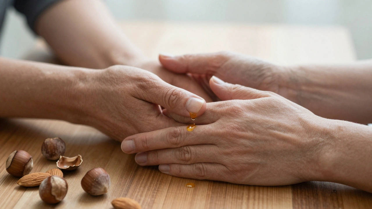 Deux mains en interaction au-dessus d'une table de massage, une goutte d'huile en chute libre.