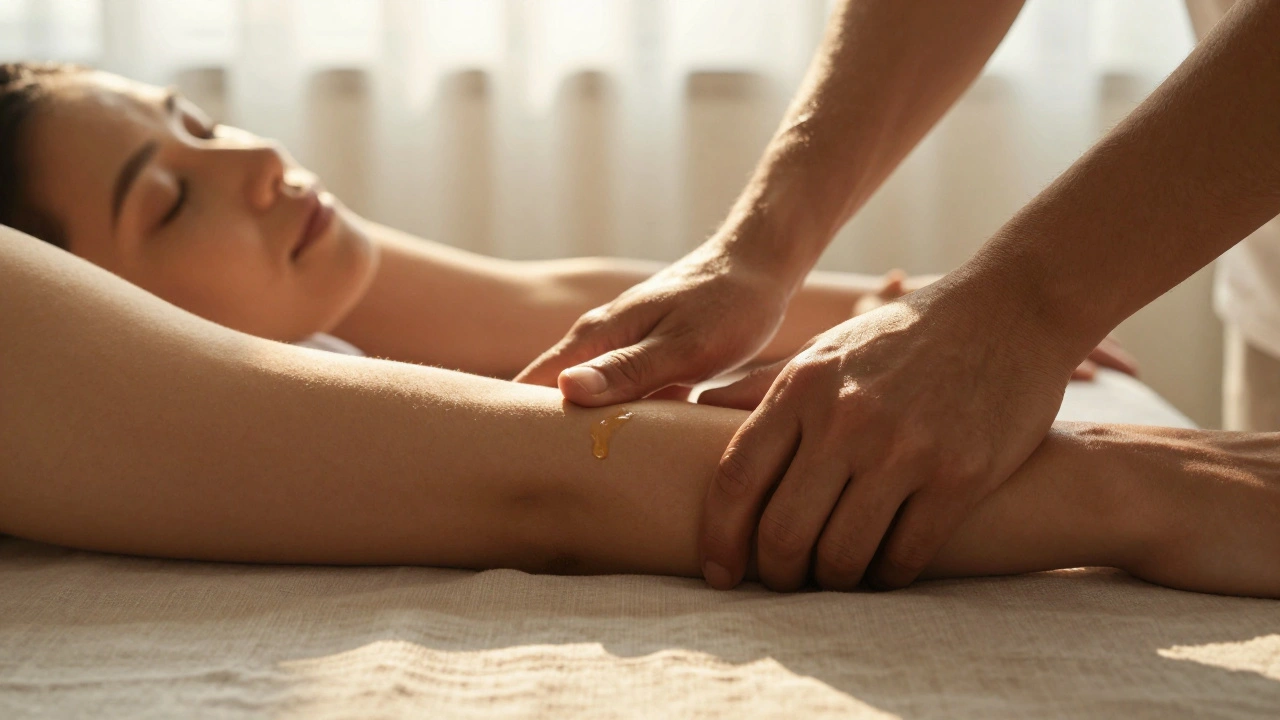 Deux mains posées doucement l'une sur l'autre pendant un massage en couple, dans une lumière chaude et apaisante.