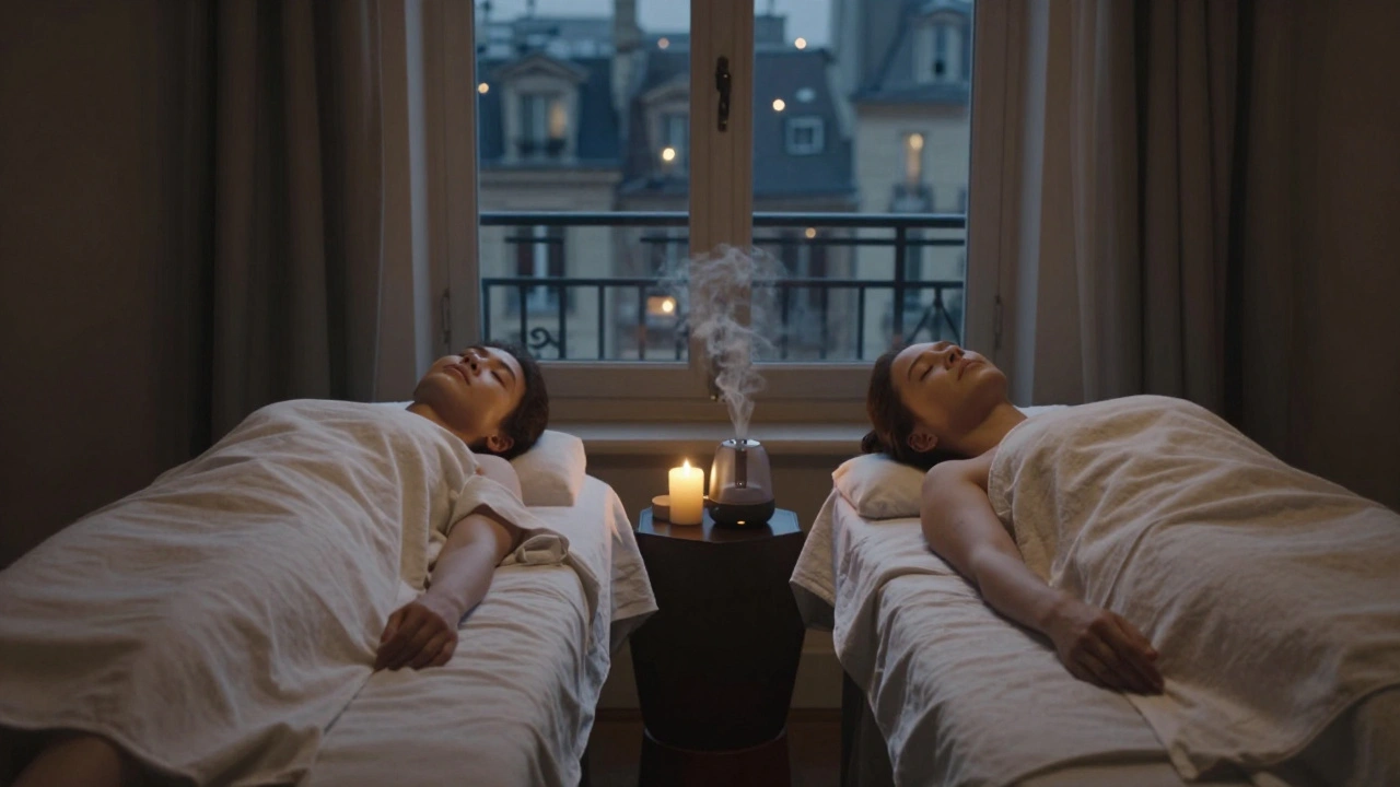 Deux personnes en massage côte à côte dans une pièce calme, bougies et lumière tamisée, apaisement partagé.