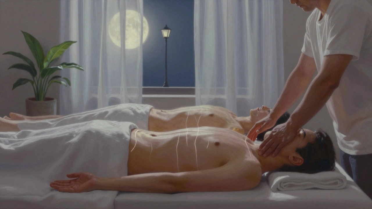 Deux personnes massées côte à côte, avec une énergie subtile flottant au-dessus d'elles, dans un espace paisible et minimaliste.