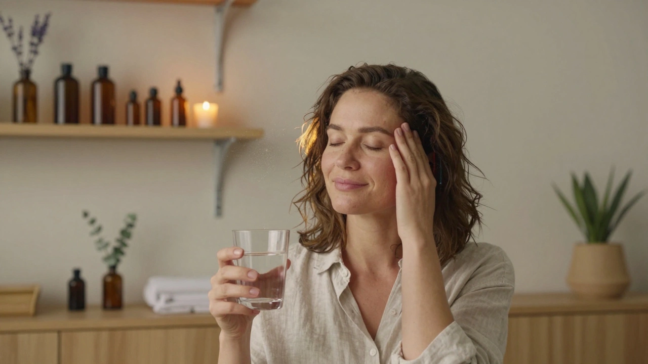 Femme après un massage crânien, les yeux fermés, tenant un verre d'eau dans un salon calme.