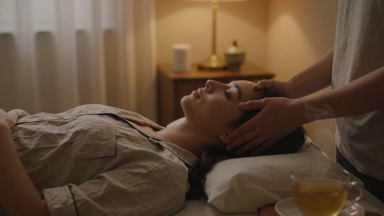 Femme relaxée lors d'un massage crânien à domicile, mains douces sur le cuir chevelu, lumière tamisée et thé à la camomille.