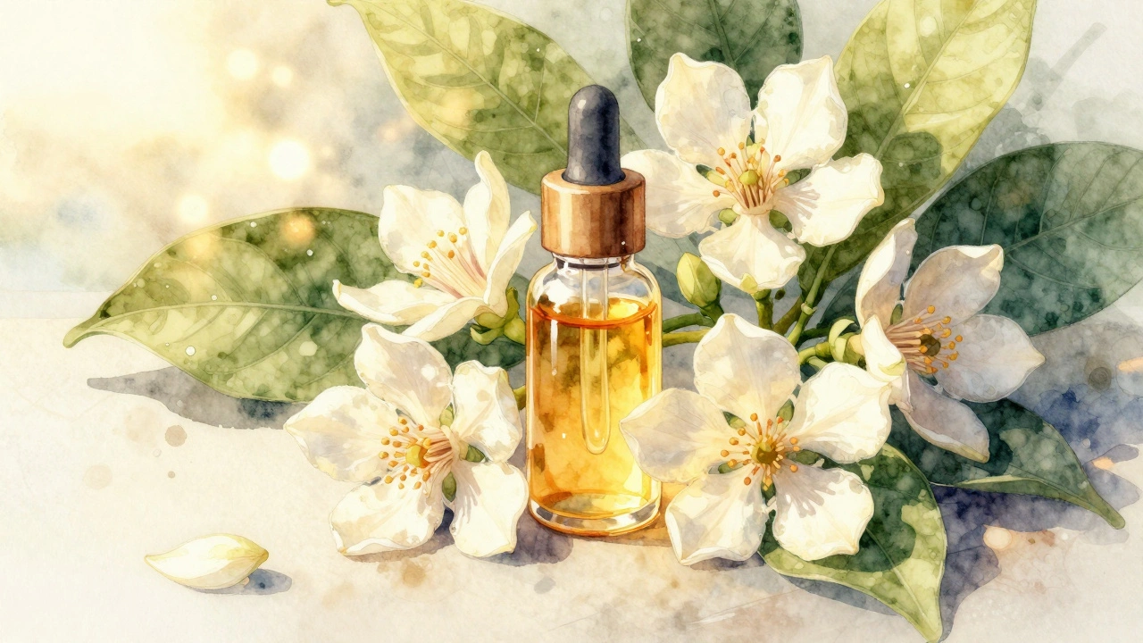 Fleurs de ylang-ylang et bouteille d'huile essentielle dans un éclairage doré.