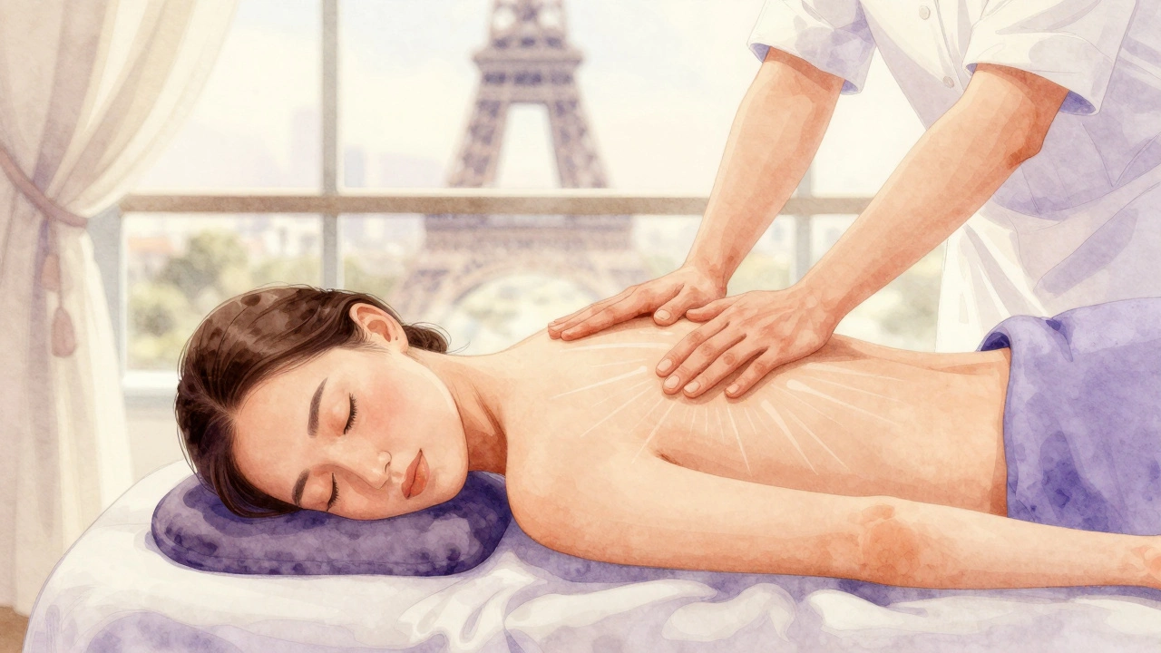 Illustration artistique montrant des lignes d'énergie libérant la tension musculaire pendant un massage.