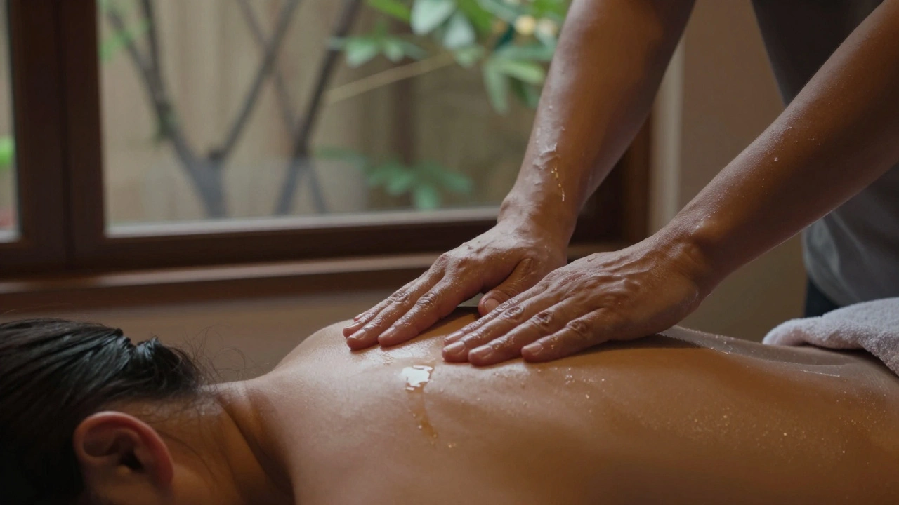 Les mains d'un masseur exercent une pression douce et précise sur les épaules d'un client, dans une ambiance paisible et intime.
