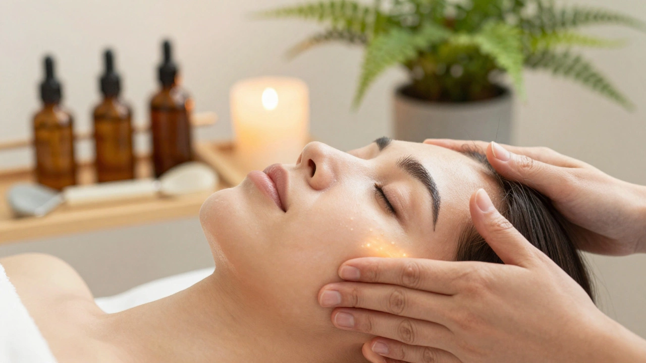 Main professionnelle appliquant un drainage lymphatique précis sur les pommettes d'une cliente relaxée.