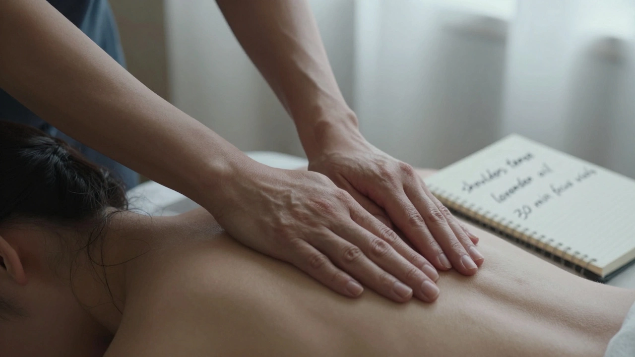 Mains d'une masseuse travaillant avec précision sur l'épaule et le cou, dans une lumière douce et naturelle.