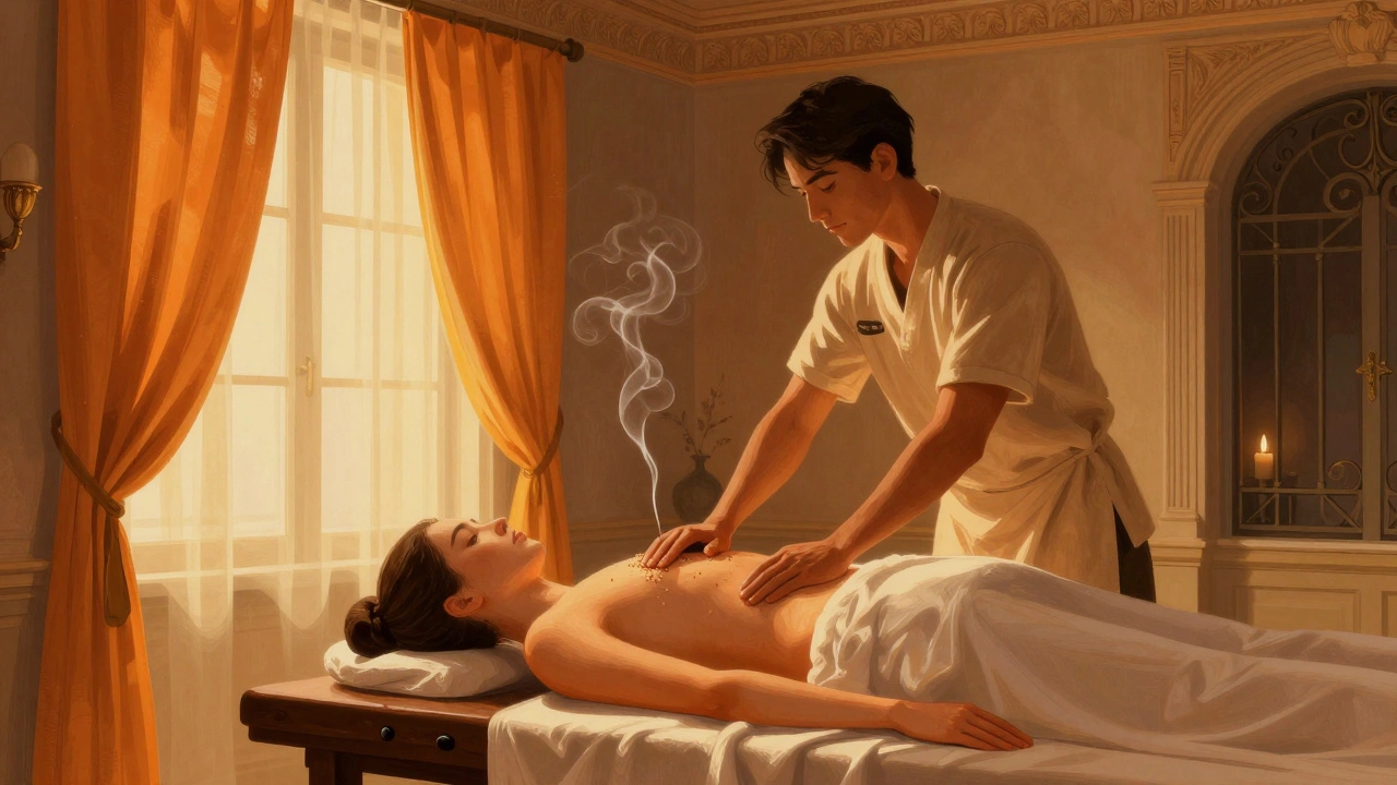 Thérapeute massant un client avec des huiles chaudes dans un spa élégant de Paris, rideaux de soie, détails architecturaux anciens et lumière dorée.