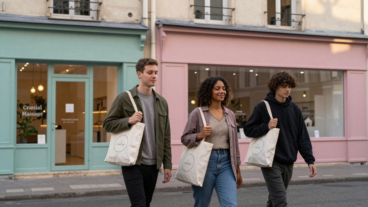 Trois Parisiens sortant d'un studio de massage crânien à Belleville, sourires apaisés, ambiance du crépuscule urbain.