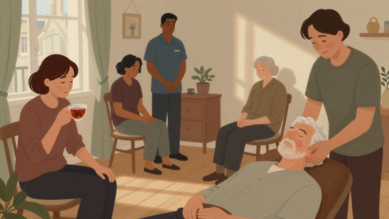 Trois personnes du 13e après un massage : une en thé, une les yeux fermés, une en massage crânien, atmosphère paisible.