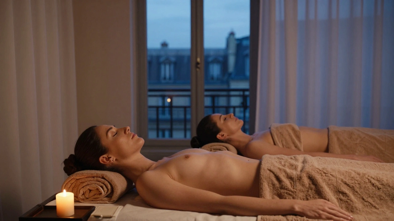 Un couple apaisé après un massage, les yeux fermés, respirant ensemble, dans une pièce calme avec une bougie et des rideaux de soie.