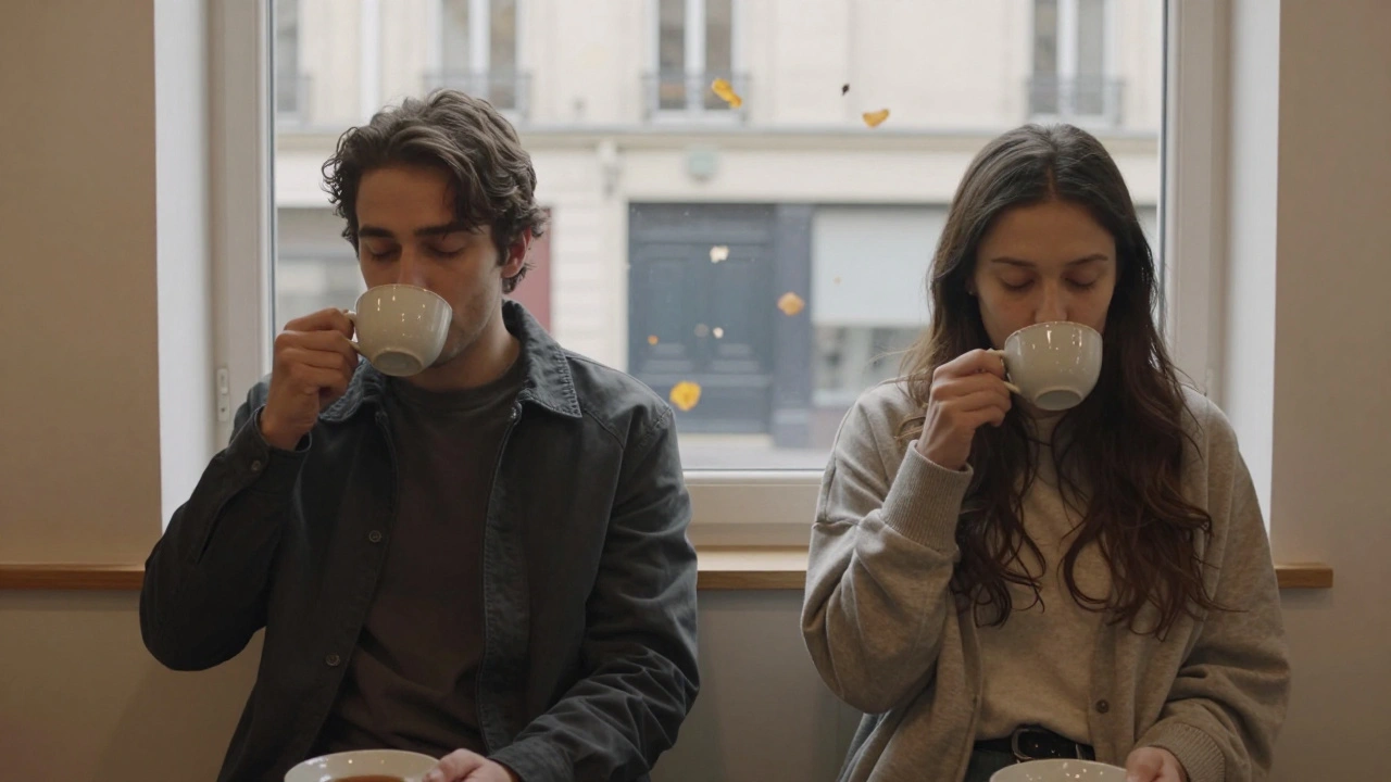 Un couple détendu après un massage en duo, sirotant une tisane dans un salon calme de Paris 17.