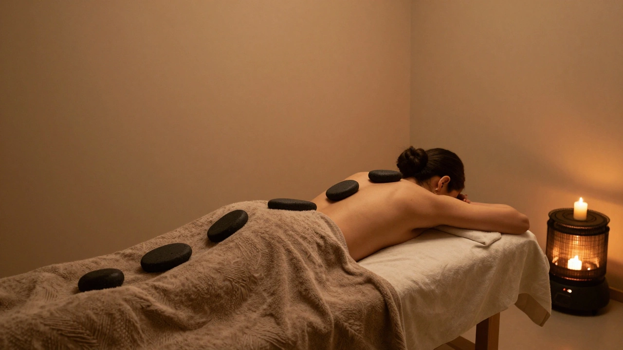 Un massage à pierres chaudes dans une salle moderne de Paris, avec des pierres volcaniques et une couverture en laine, dans une atmosphère paisible.