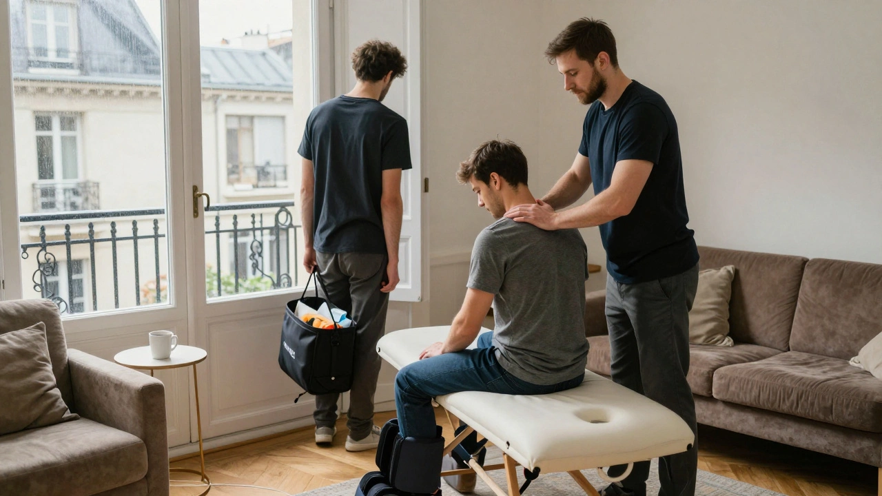 Un masseur à domicile travaille sur les épaules d'un client dans son salon, avec un mobilier ordinaire et une lumière douce.