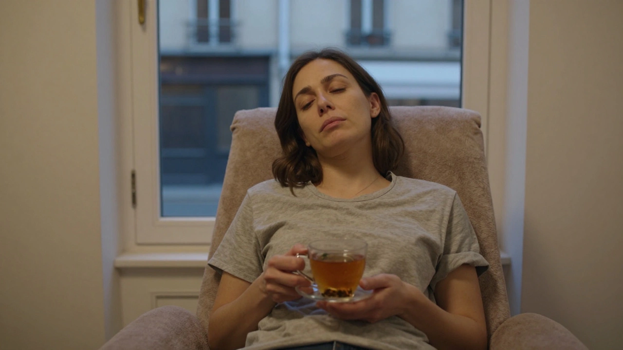 Une femme en pause après un massage, tenant une tisane chaude dans un studio apaisant à Paris.