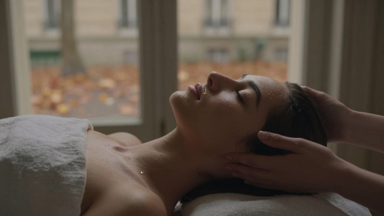Une personne après un rituel de spa, la peau éclatante, dans une ambiance calme et lumineuse à Paris.