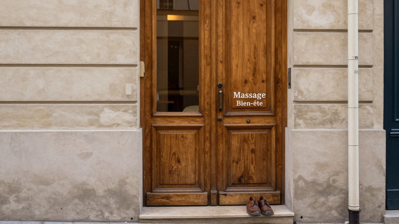 Une porte discrète en bois dans un petit passage du 16e arrondissement de Paris, sans enseigne, révélant une lumière douce à l'intérieur.