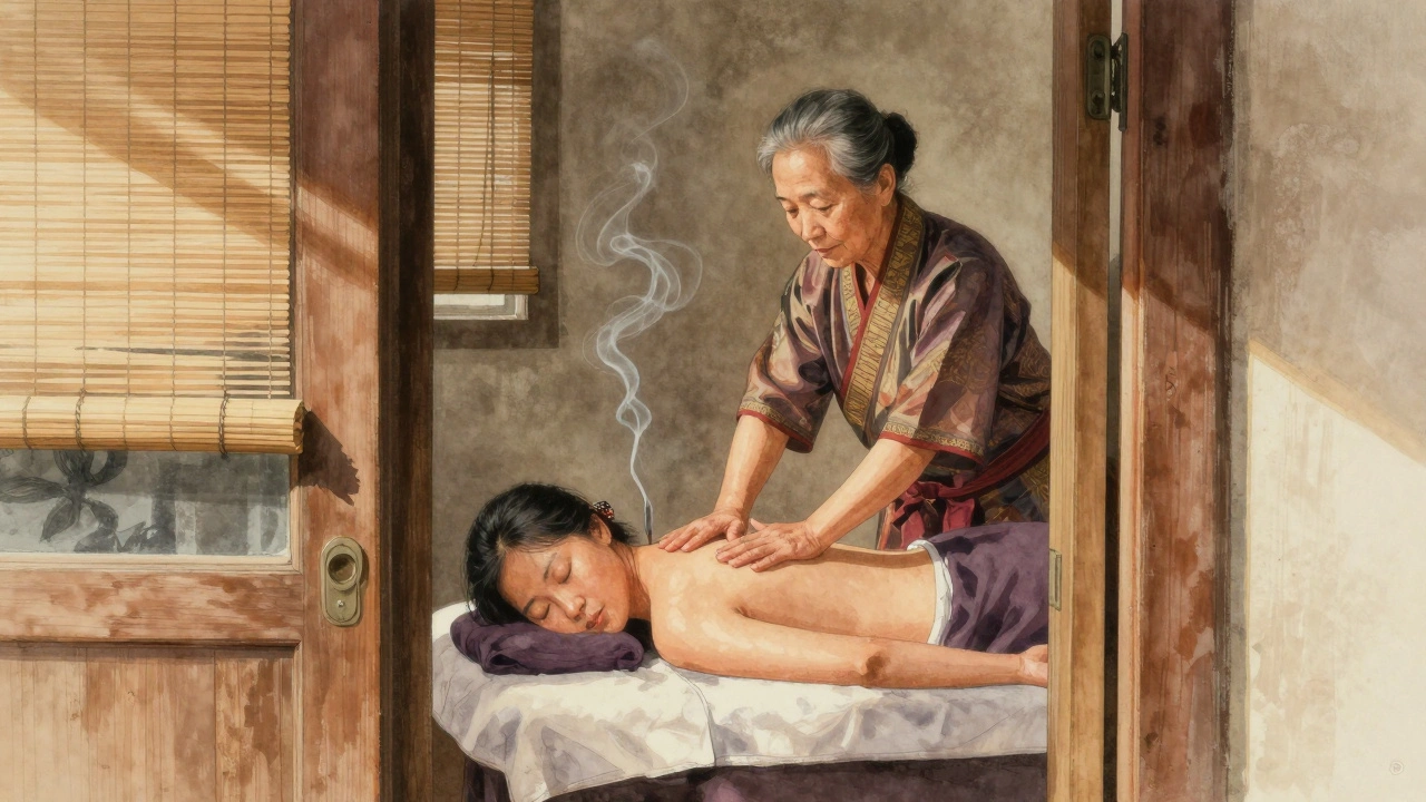 Une thérapeute thaïe massant un client dans un petit atelier caché du Marais, avec de la fumée d'encens et des lumières tamisées.