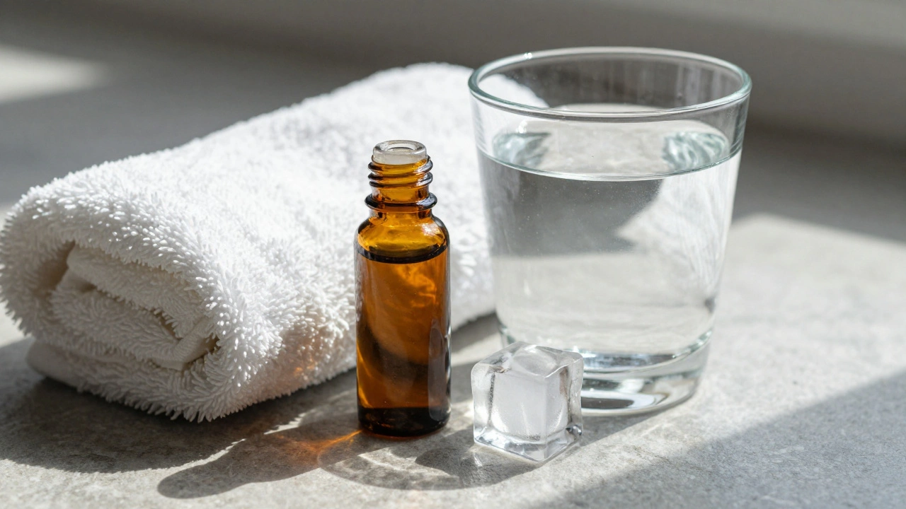Accessoires de spa luxueux avec huile d'or, serviette blanche et verre d'eau sur du bois.