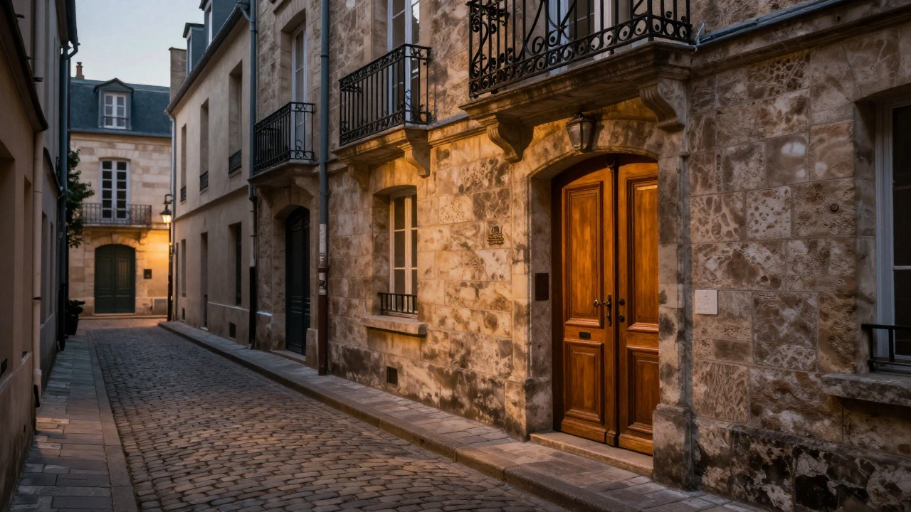 Allée pavée du Marais avec une porte d'entrée spa éclairée.