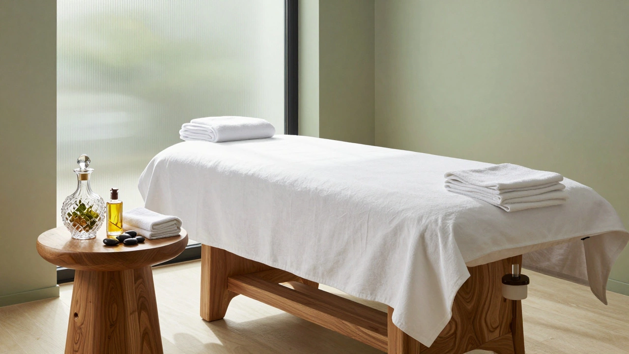 Chambre de soin au design épuré avec huiles essentielles et serviettes.