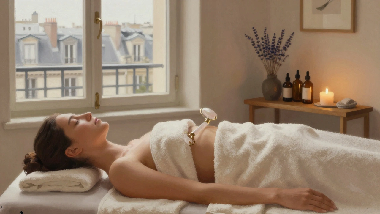 Client allongé dans un atelier apaisant de Montmartre, avec un rouleau de quartz rose et des huiles biologiques en arrière-plan.