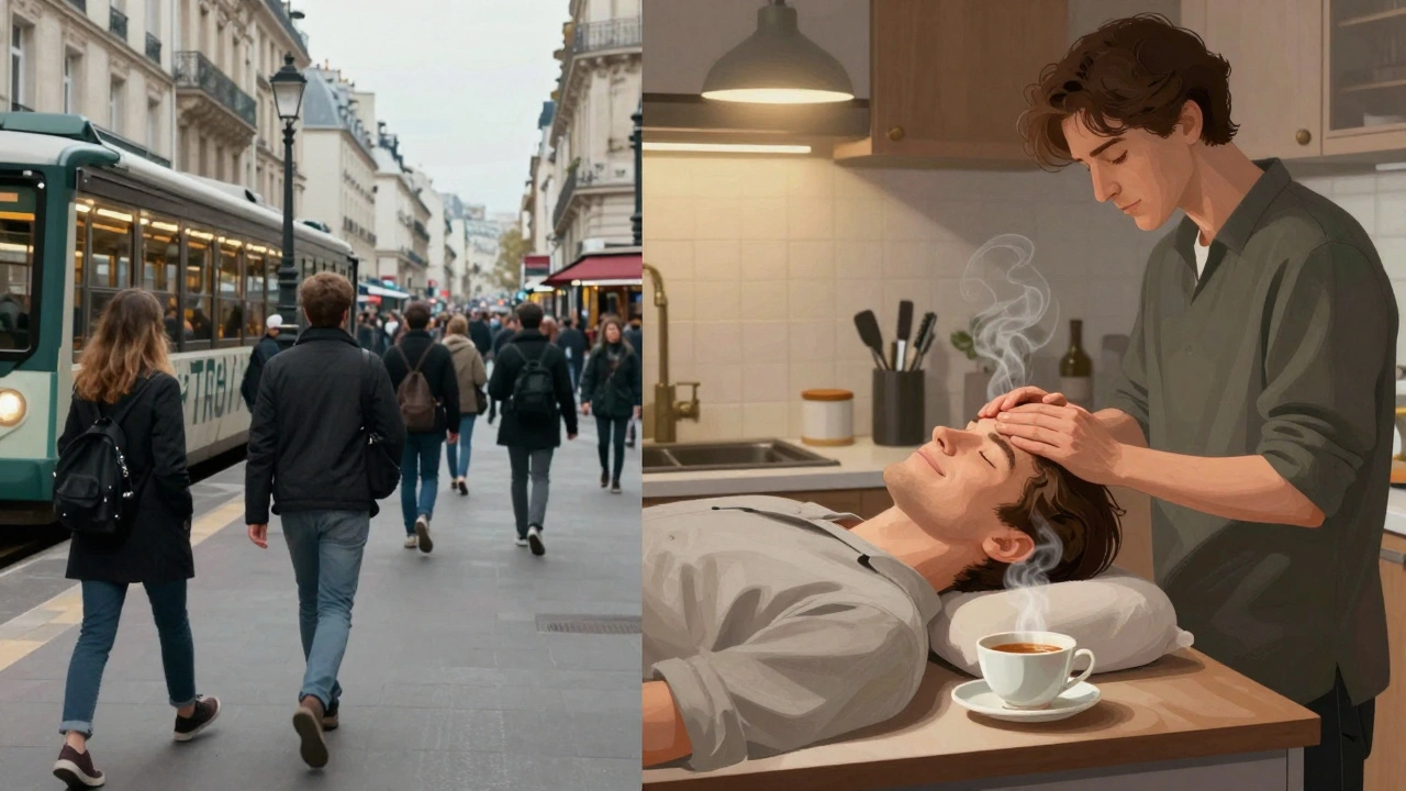 Contraste entre la foule stressante de Paris et une personne apaisée en train de recevoir un massage du crâne dans sa cuisine, lumière chaleureuse et sérénité retrouvée.