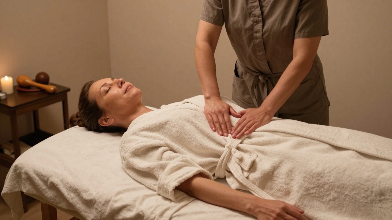 Couples allongés côte à côte sur deux lits alignés, recevant un massage synchronisé, lumière douce, ambiance intime et apaisante.