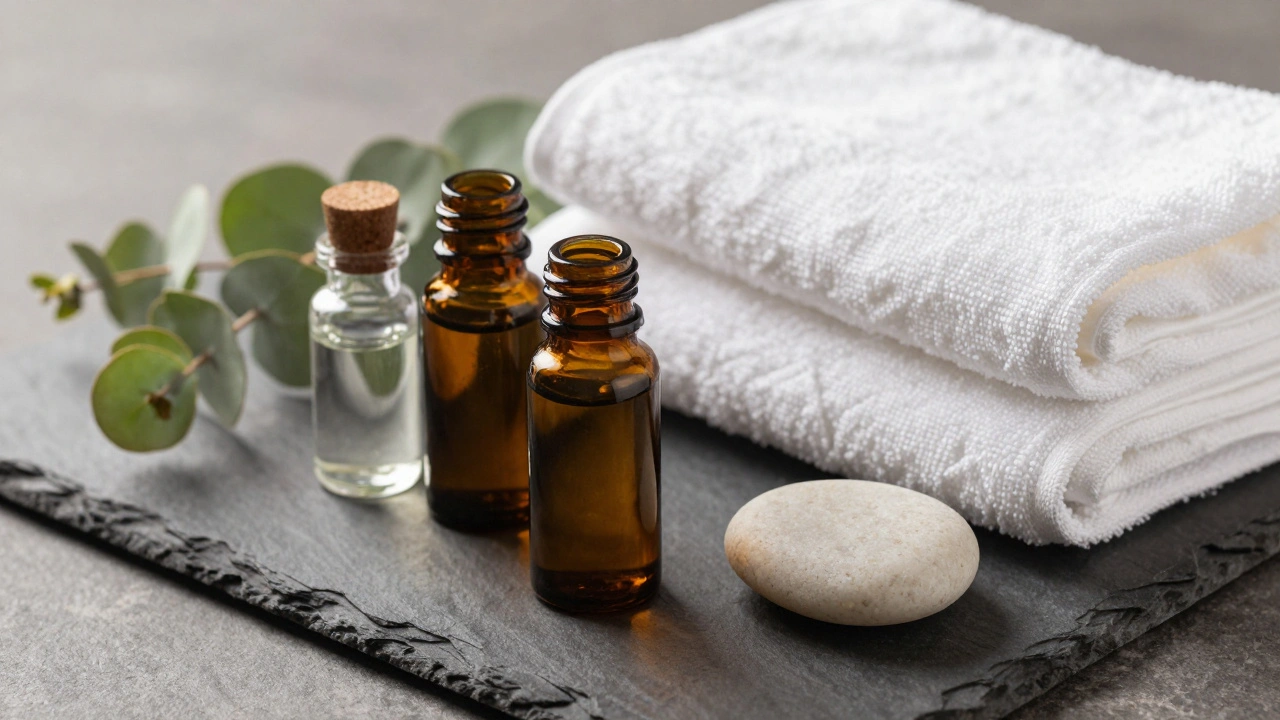 Détail de serviettes blanches, huiles et pierres sur une table.