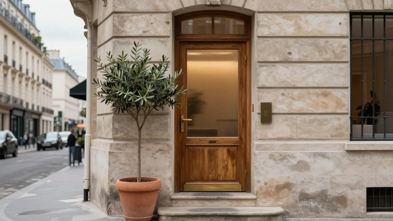 Entrée sécurisée d'un studio de thérapie en centre-ville parisien.