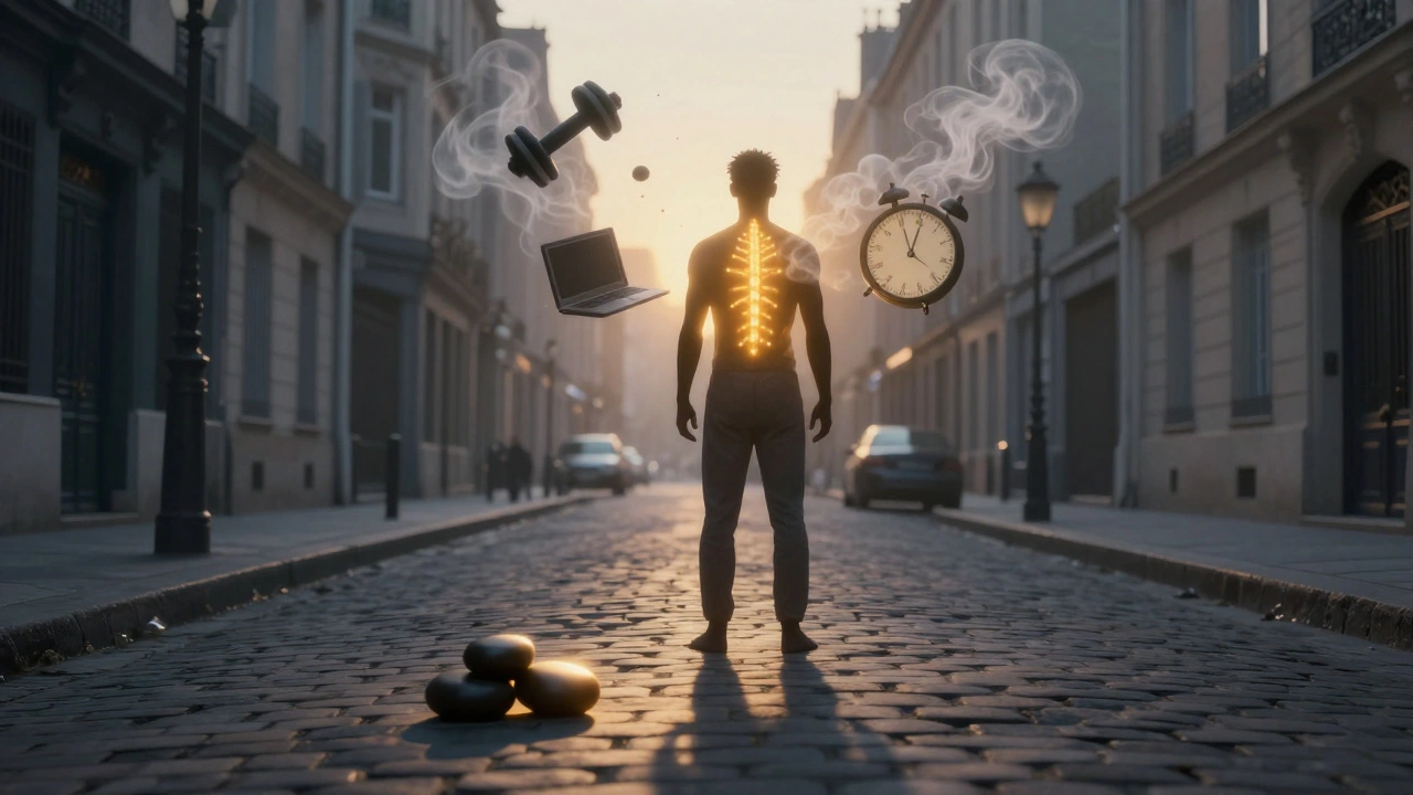 Homme silhouetté au lever du jour à Paris, tensions corporelles qui s'évanouissent en fumée dorée.