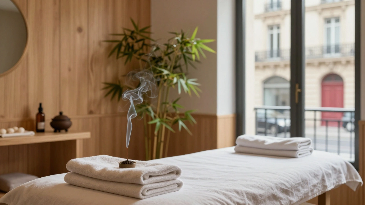 Intérieur zen d'un salon de bien-être à Paris, lumière naturelle.