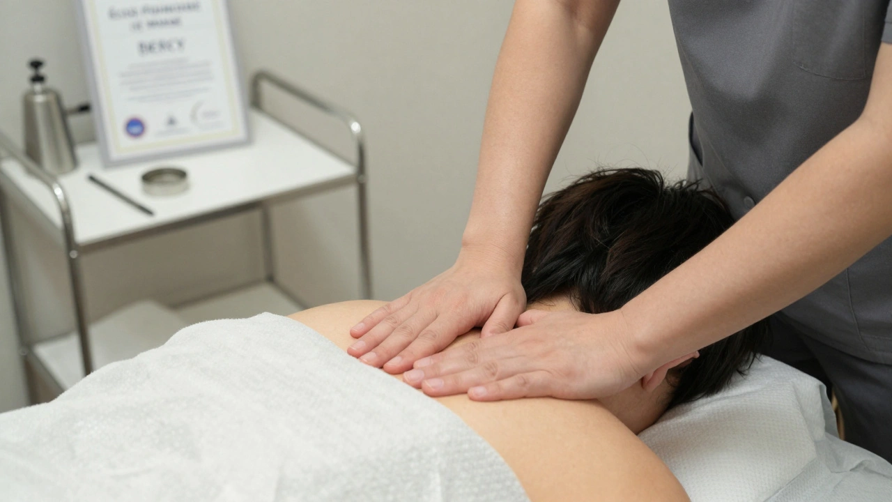 Mains d'un thérapeute certifié effectuant un massage sur les épaules, dans un environnement propre et professionnel.