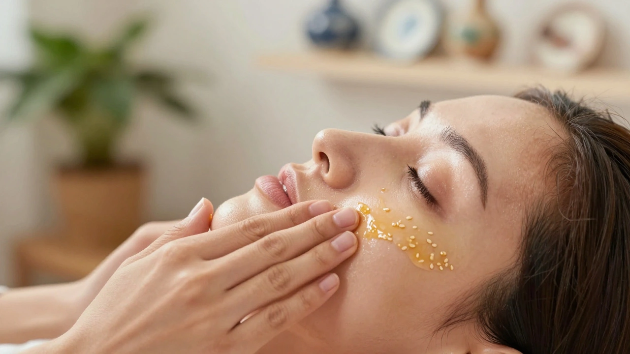 Mains expertes effectuant un drainage lymphatique sur la joue et sous l’œil, avec une peau lumineuse et des huiles naturelles brillantes.