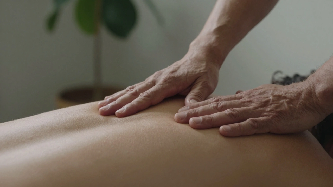 Mains expertes en train de libérer les tensions myofasciales au niveau du dos et des épaules.