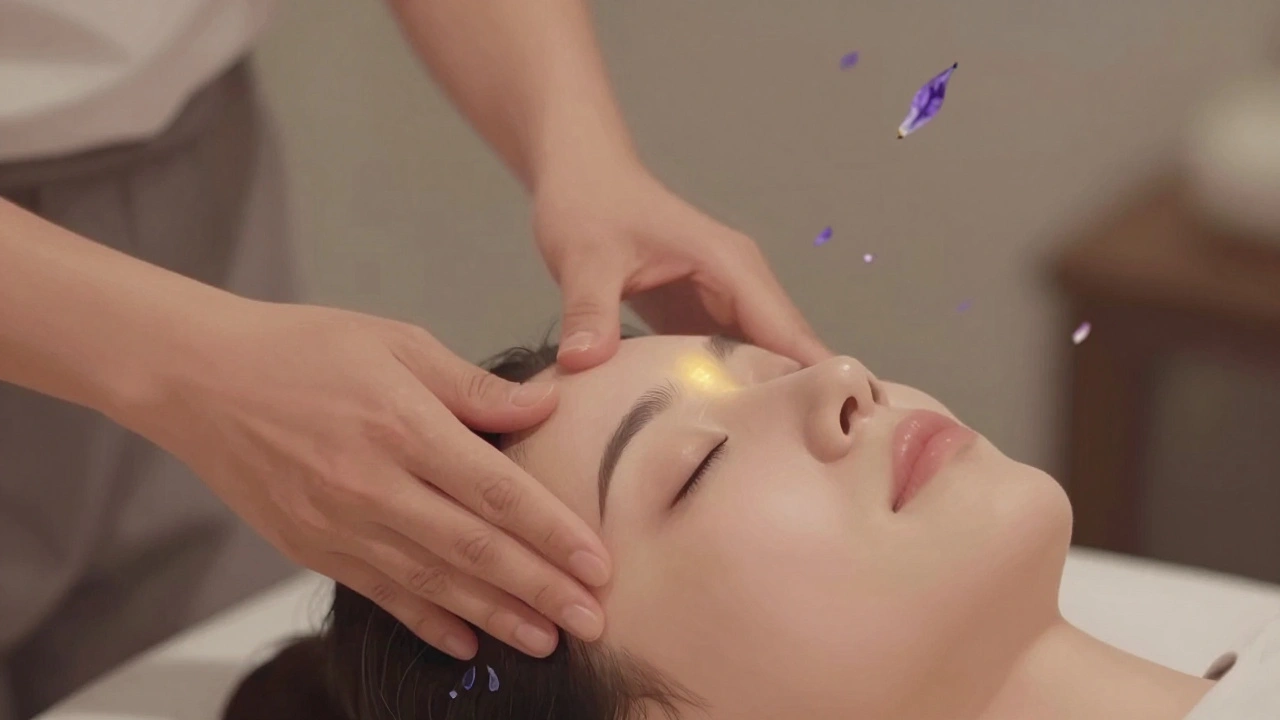 Mains expertes massant doucement les tempes et le cuir chevelu d'une personne en pleine relaxation.