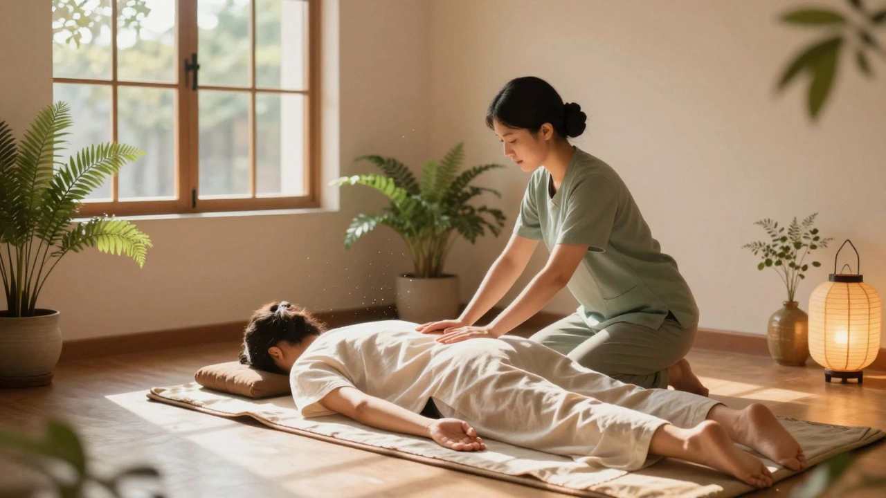 Massage thaï traditionnel au sol dans un espace zen du 15e arrondissement de Paris.