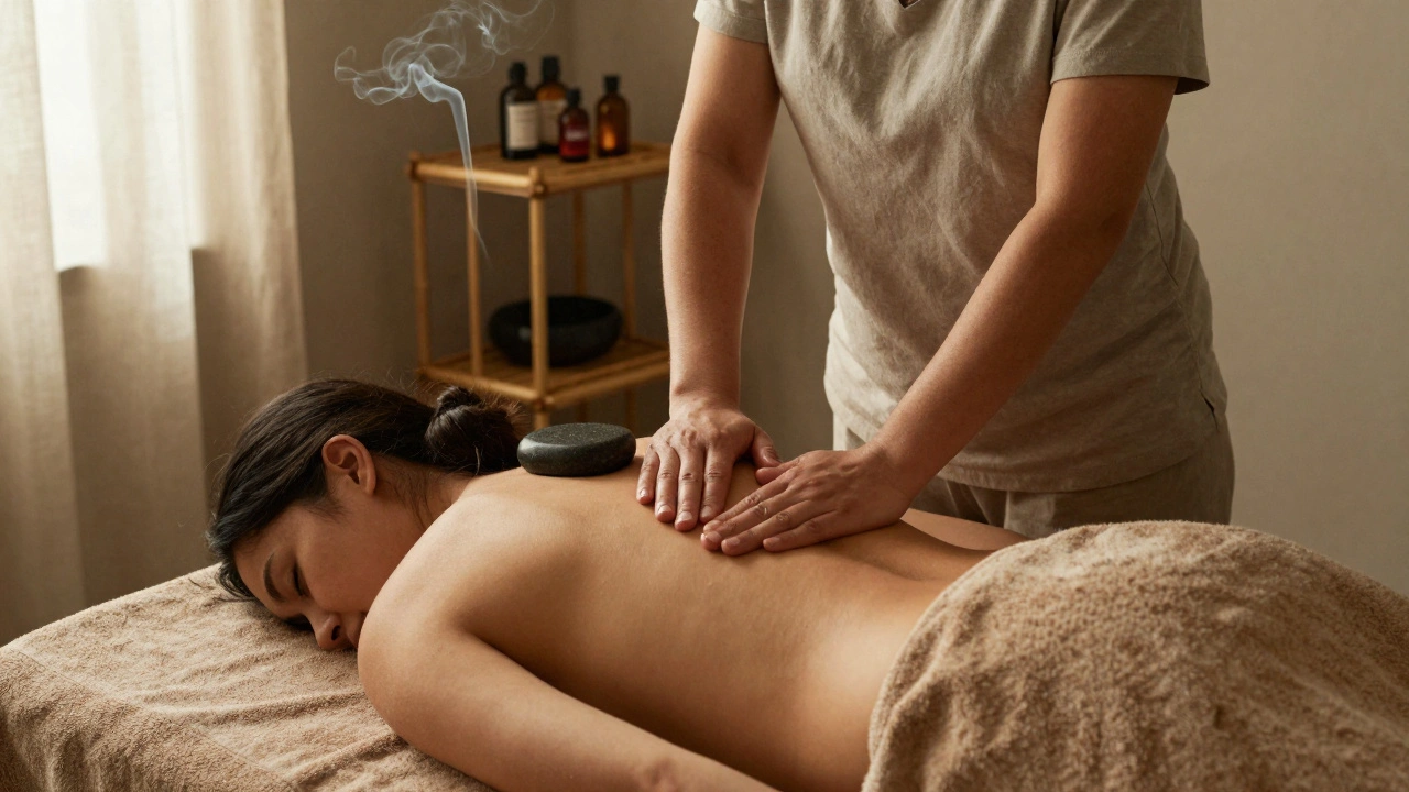 Masseuse exécutant un massage du dos avec des pierres chaudes dans une ambiance calme.