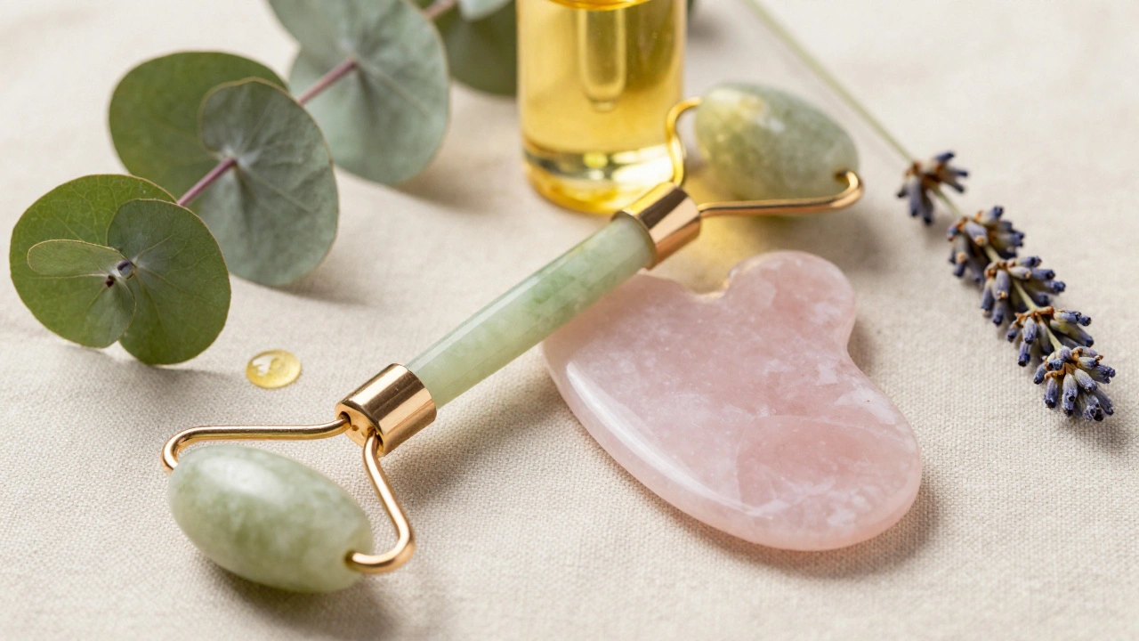 Outils en jade et huiles essentielles disposés sur un fond de tissu naturel.